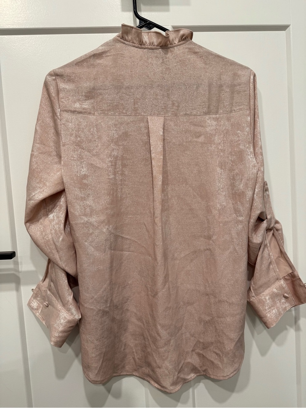 Express Metallic Blush Button-Front Ruffle Blouse - Picture 5 of 5